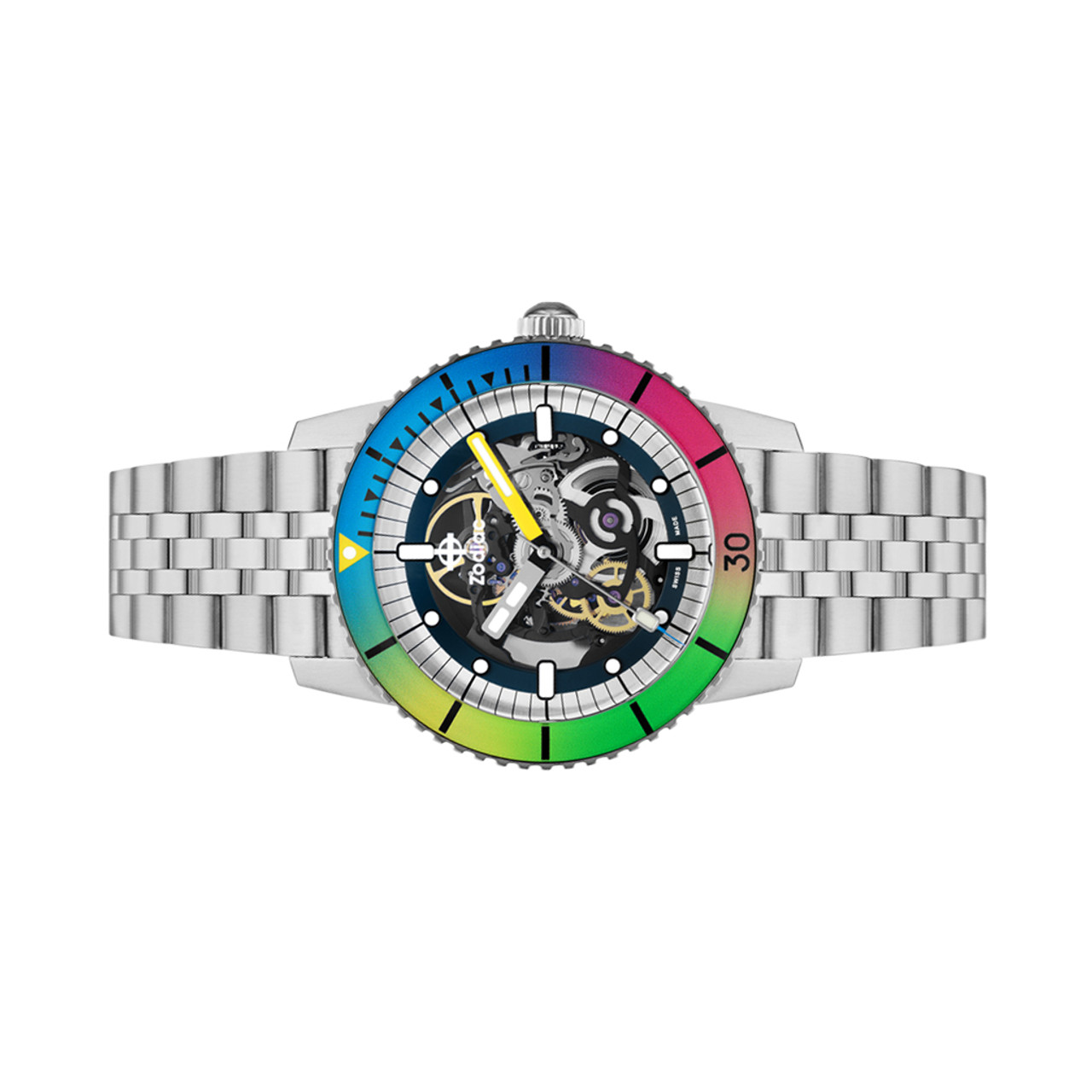 Zodiac Super Sea Wolf Skeleton Automatic Watch with Rainbow Bezel 