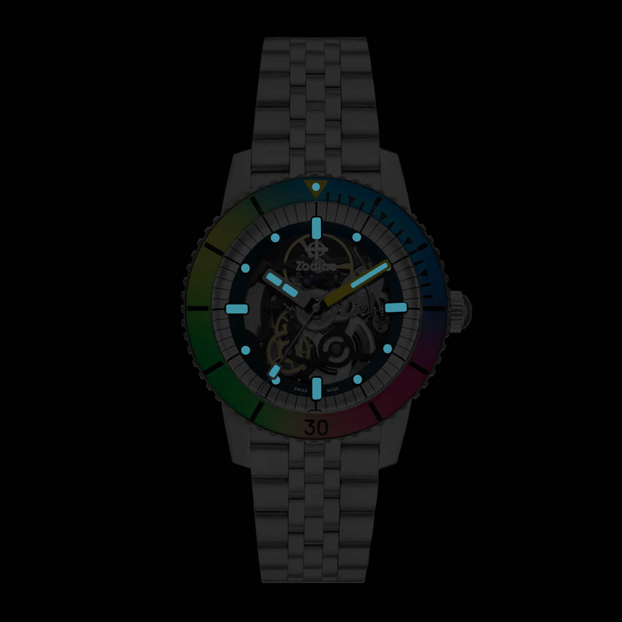 Zodiac Super Sea Wolf Skeleton Automatic Watch with Rainbow Bezel 