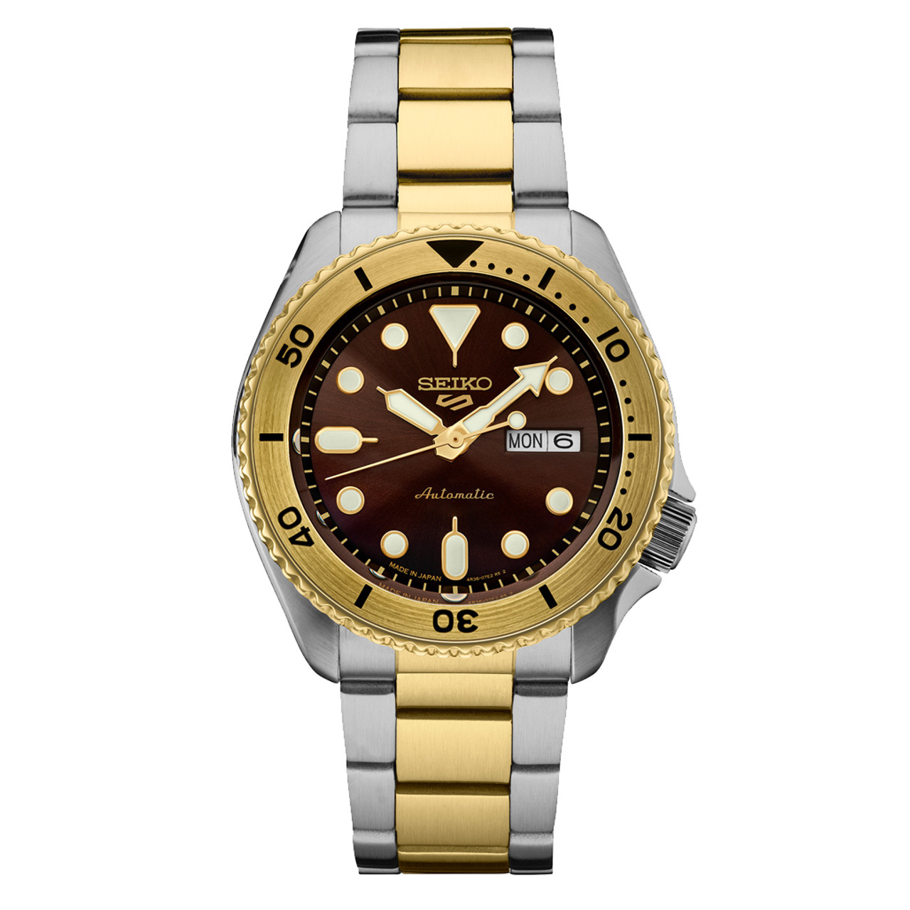 Seiko 5 Sports Automatic Watch with Brown Dial and Two-Tone Case #SRPK24