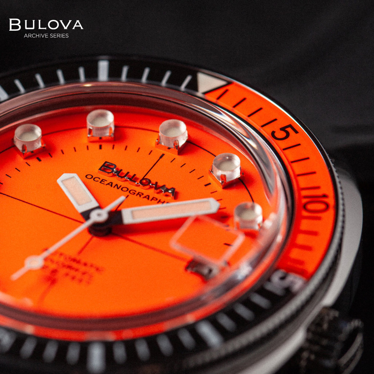 Orange with #96B350 Dive Oceanographer Watch Dial Automatic Snorkel Bulova