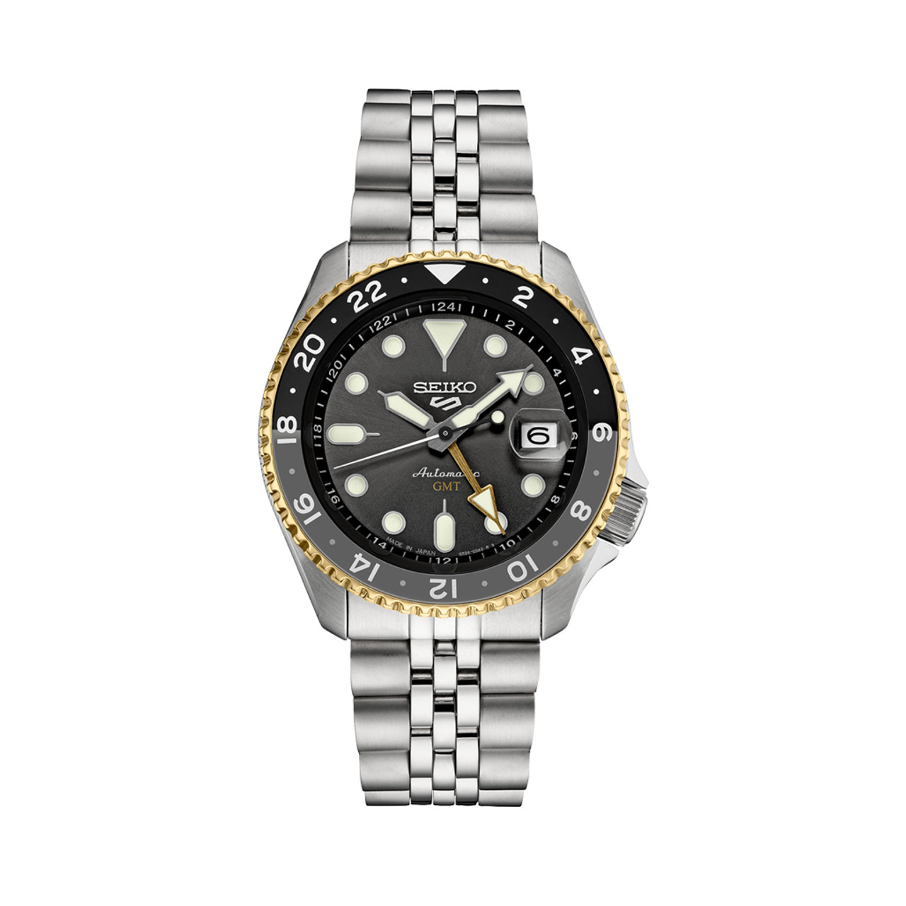 Seiko 5 Sports Automatic GMT Watch with Grey Dial and Gold Accents #SSK021