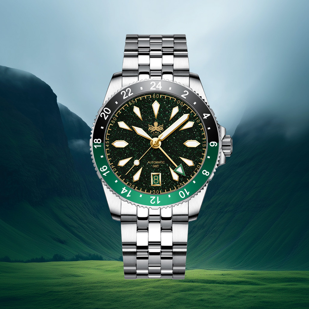Phoibos Voyager GMT Automatic Watch with Green Aventurine Dial #PY058A