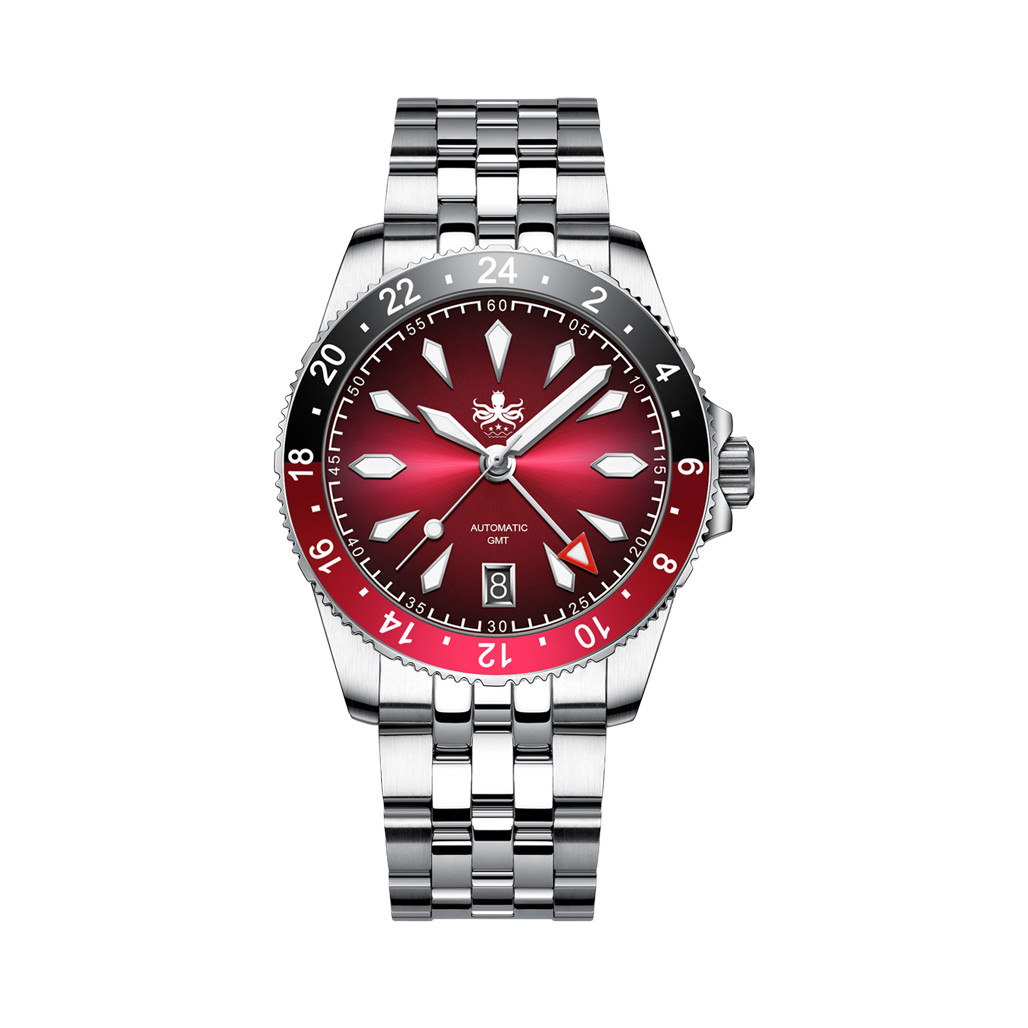 Phoibos Voyager GMT Automatic Watch with Burgundy Sunray Dial #PY058D