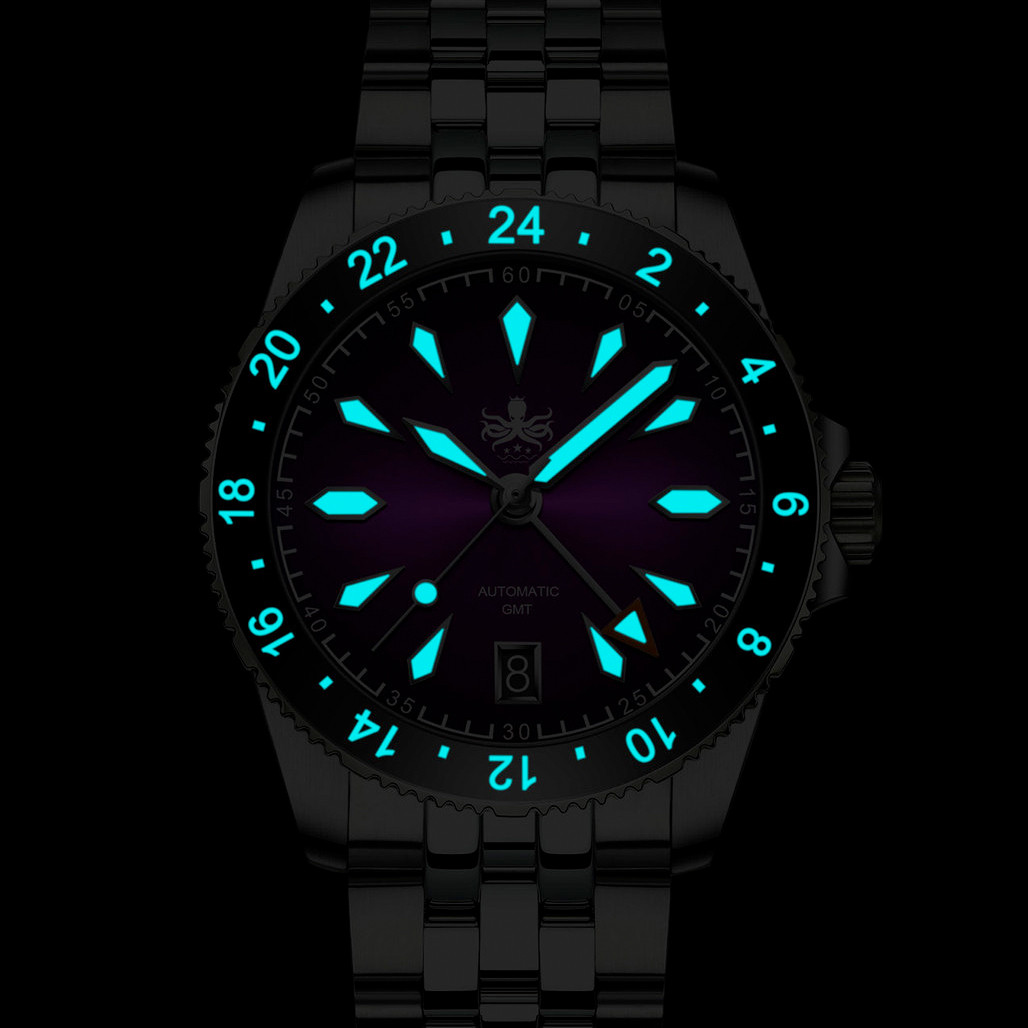 Phoibos Voyager GMT Automatic Watch with Burgundy Sunray Dial #PY058D