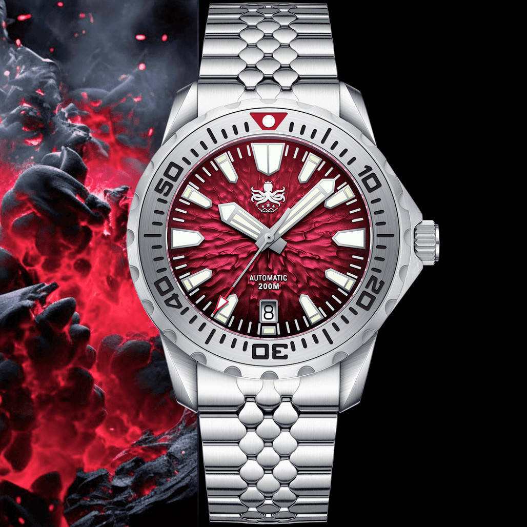 PHOIBOS KRAKEN Automatic Dive Watch with Lava Red Dial #PY059E