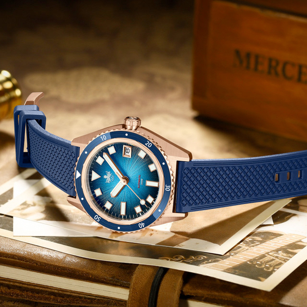 PHOIBOS Argo Bronze Automatic Dive Watch with Spiral Sunray Blue