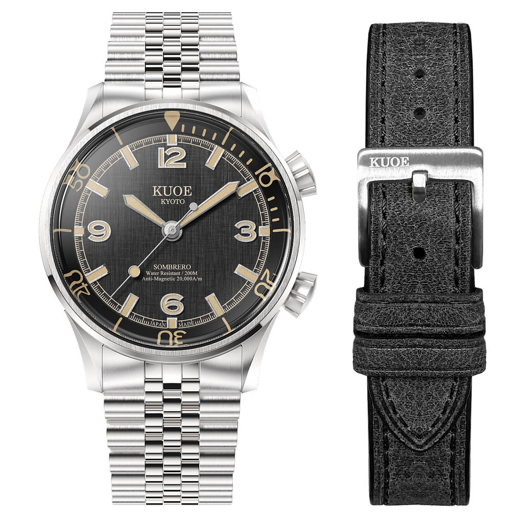 KUOE SOMBRERO ブラック 90-011 クオ ダイバーズウォッチ KUOE Sombrero 90-011 Black Linen Textured Dial Watch #SM90011-BK-JUB