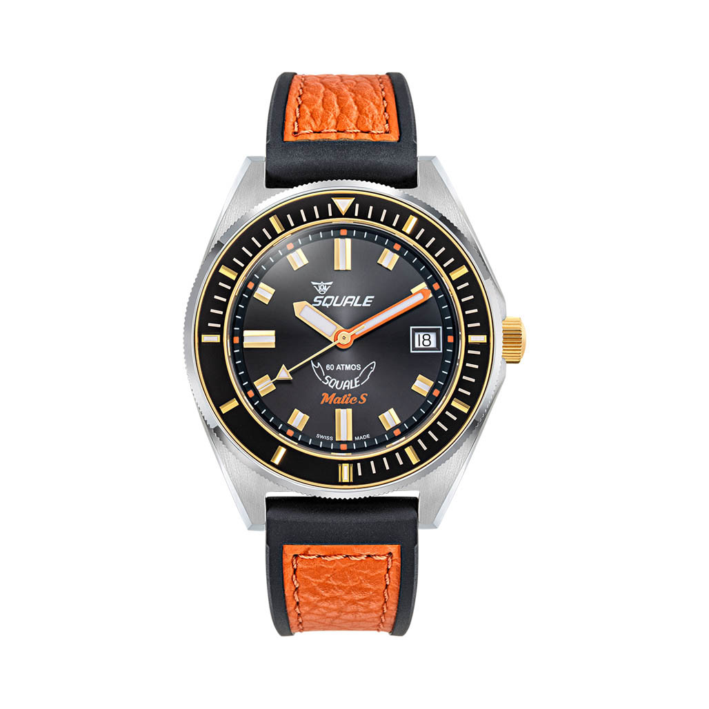 時計 SQUALE automatic Squale Matic S Black Dial Watch with Leather-Rubber Strap