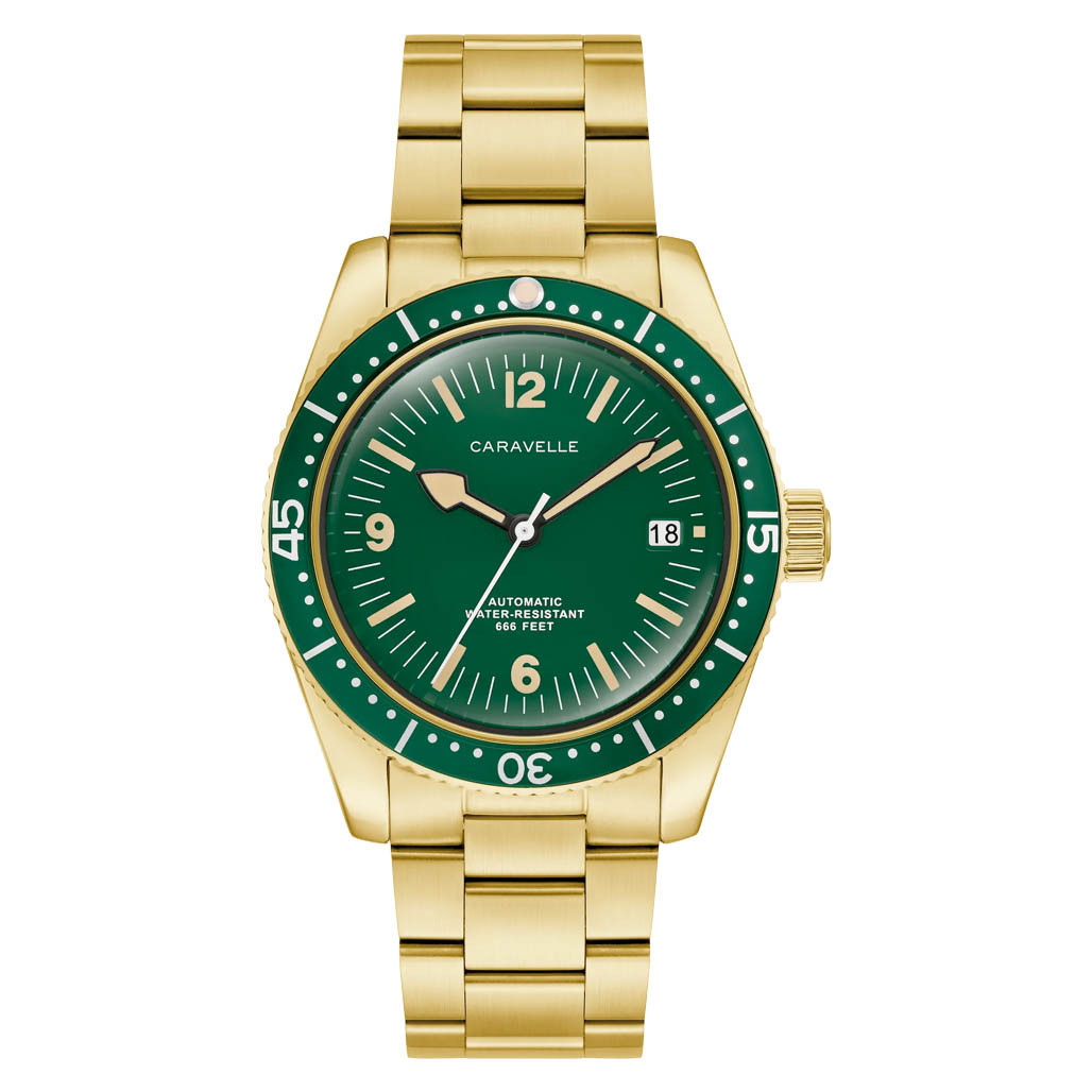 Caravelle Sea Hunter Automatic Goldtone Watch with Green Dial #44B128