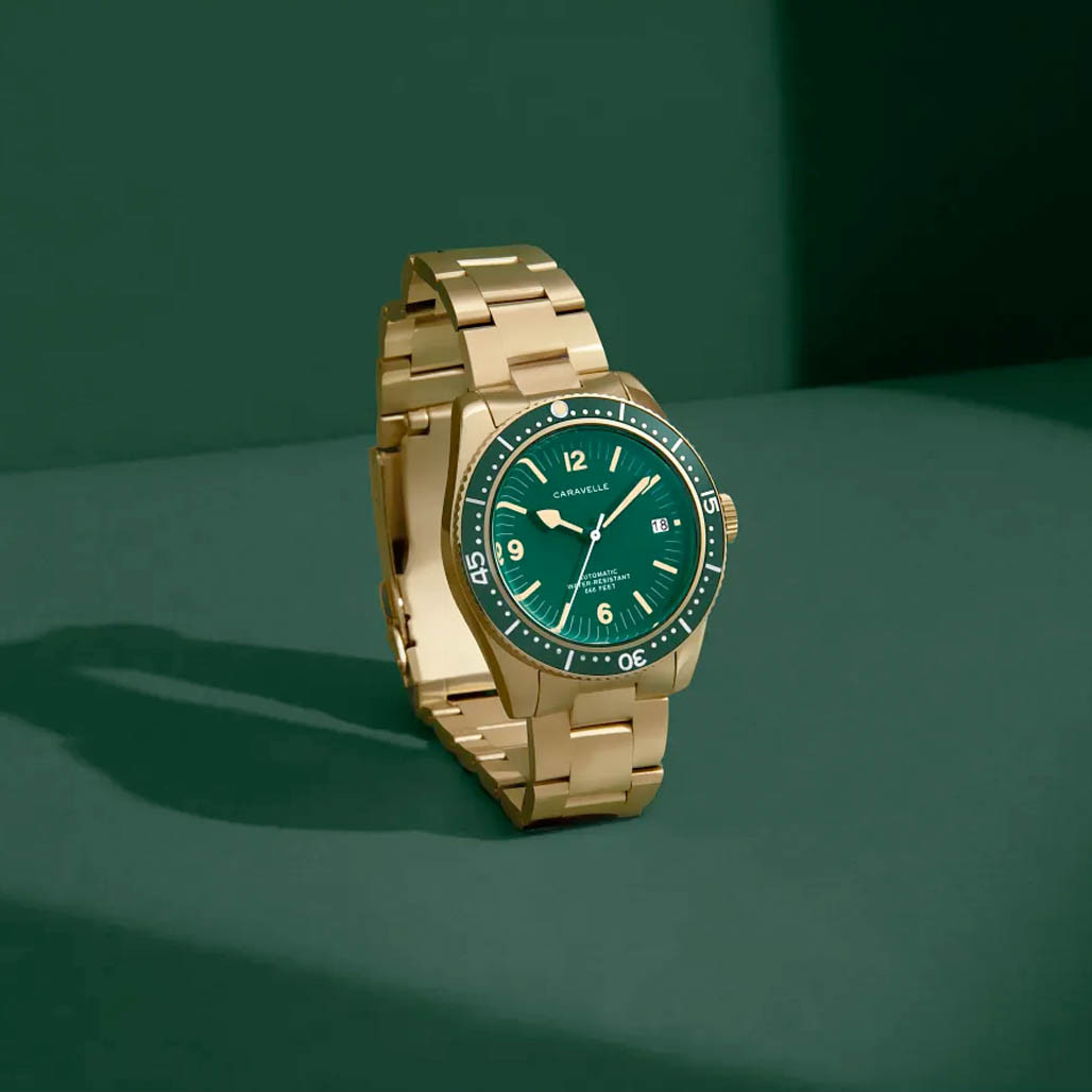 Caravelle Sea Hunter Automatic Goldtone Watch with Green Dial #44B128