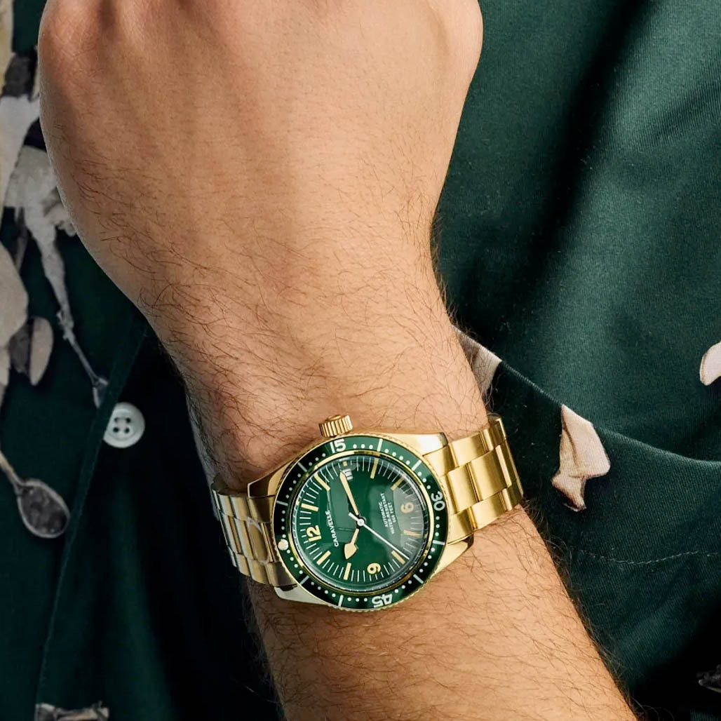 Caravelle Sea Hunter Automatic Goldtone Watch with Green Dial #44B128