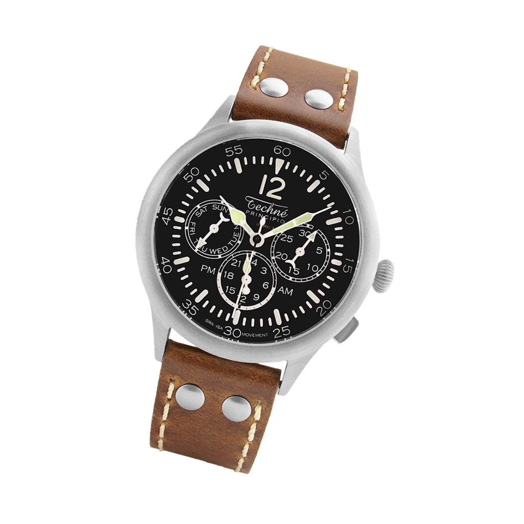 メルナ Techne 39.5mm Merlin Quartz TwinTime Watch with Riveted Chestnut