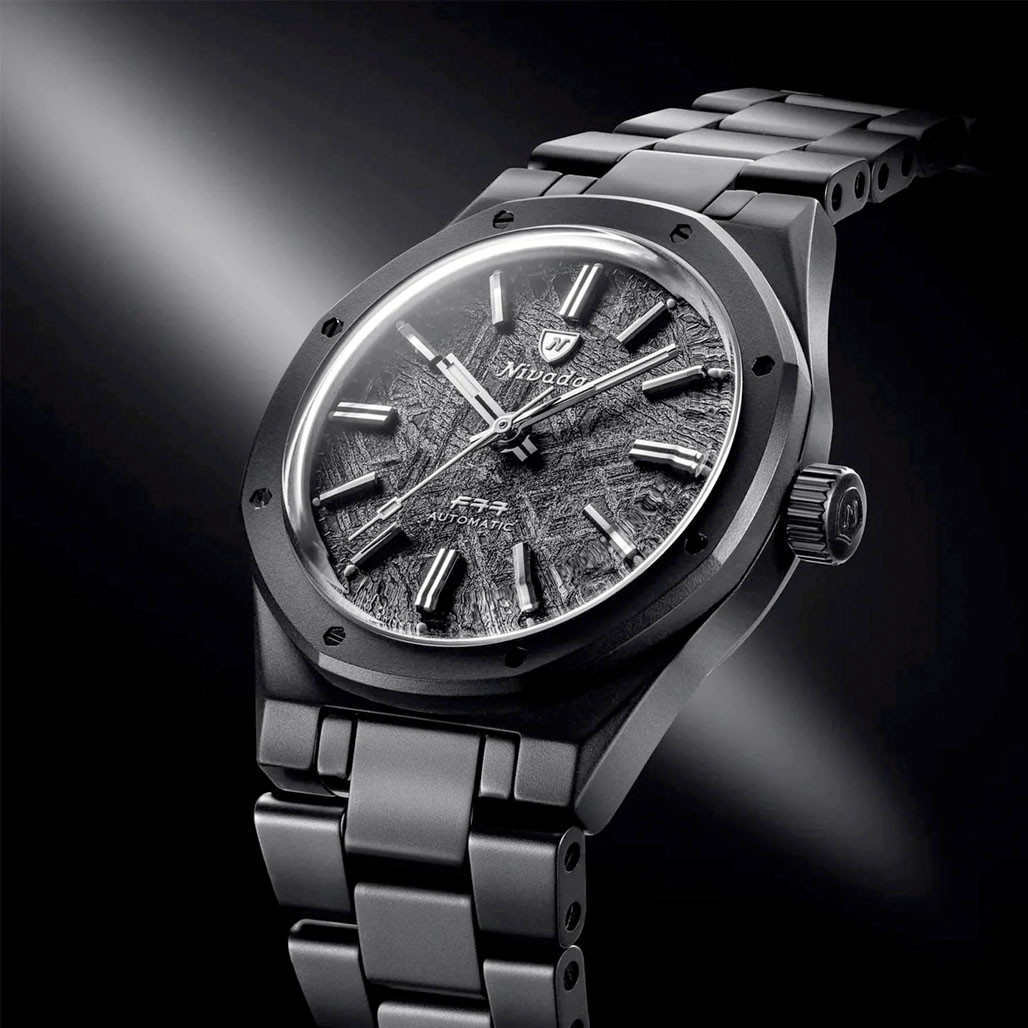 Nivada Grenchen 37mm F77 Black Ceramic Watch with Meterorite Dial