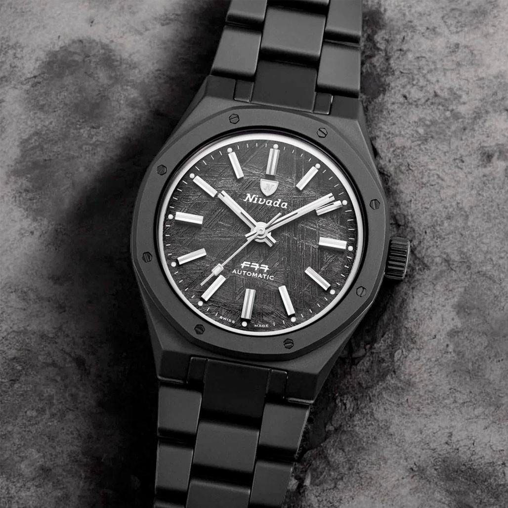 Nivada Grenchen 37mm F77 Black Ceramic Watch with Meterorite Dial