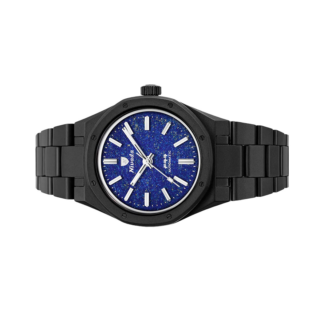 Nivada Grenchen 37mm F77 Black Ceramic Watch with Lapis Lazuli
