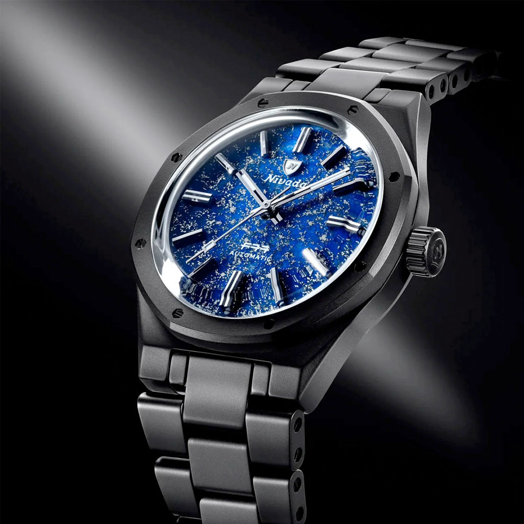 Nivada Grenchen 37mm F77 Black Ceramic Watch with Lapis Lazuli