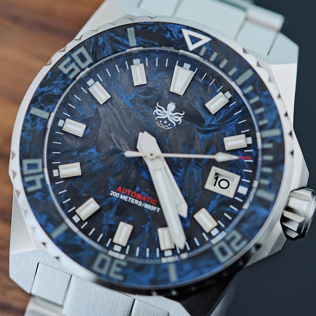 Phoibos Leviathan 40mm Dive Watch with Blue Forged Carbon Fiber