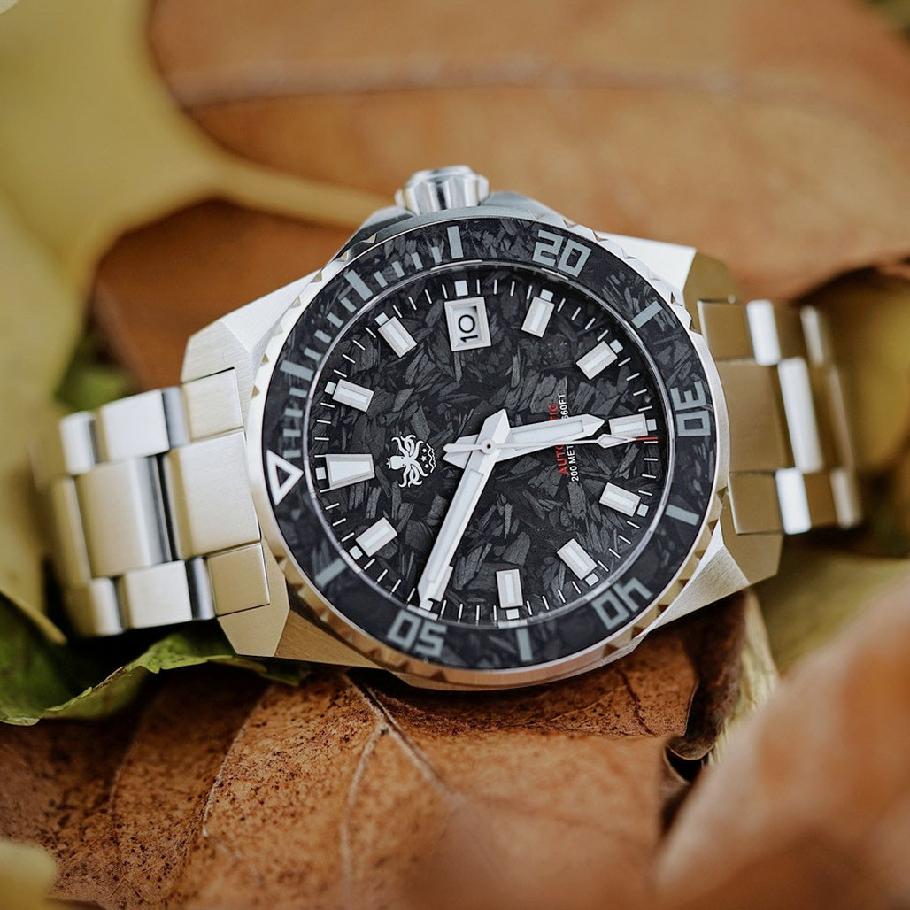 Phoibos Leviathan 40mm Dive Watch with Black Forged Carbon Fiber