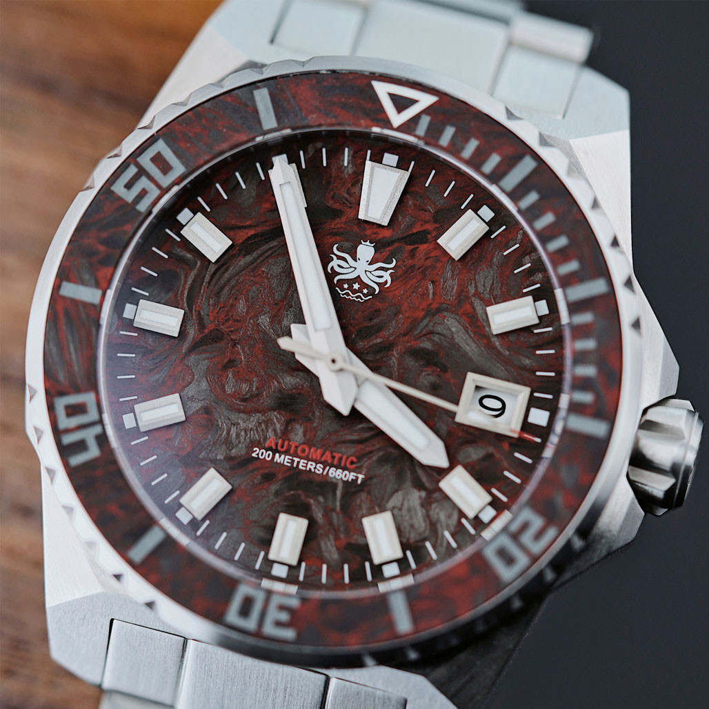 Phoibos Leviathan 40mm Dive Watch with Red Forged Carbon Fiber #PY062D