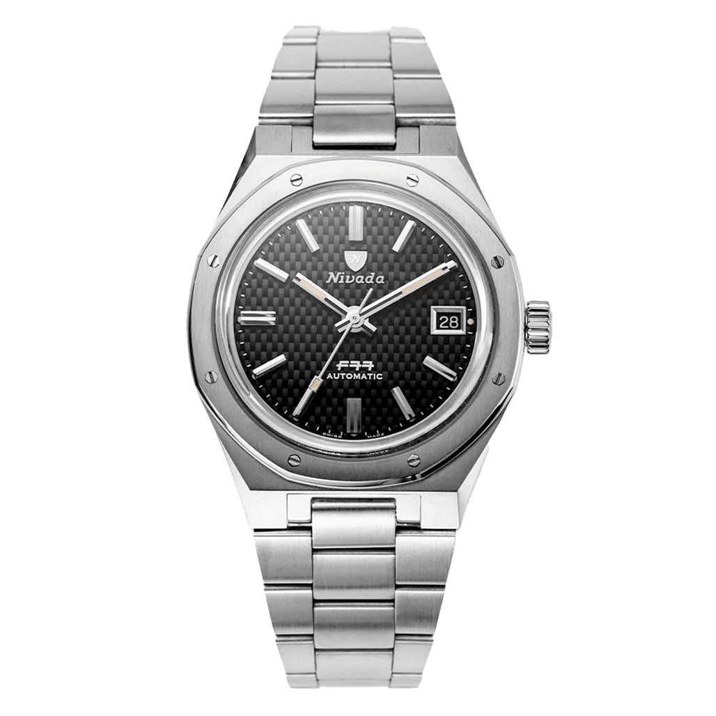 Nivada Grenchen 37mm F77 Watch with Black Tapisserie Dial#69000A77