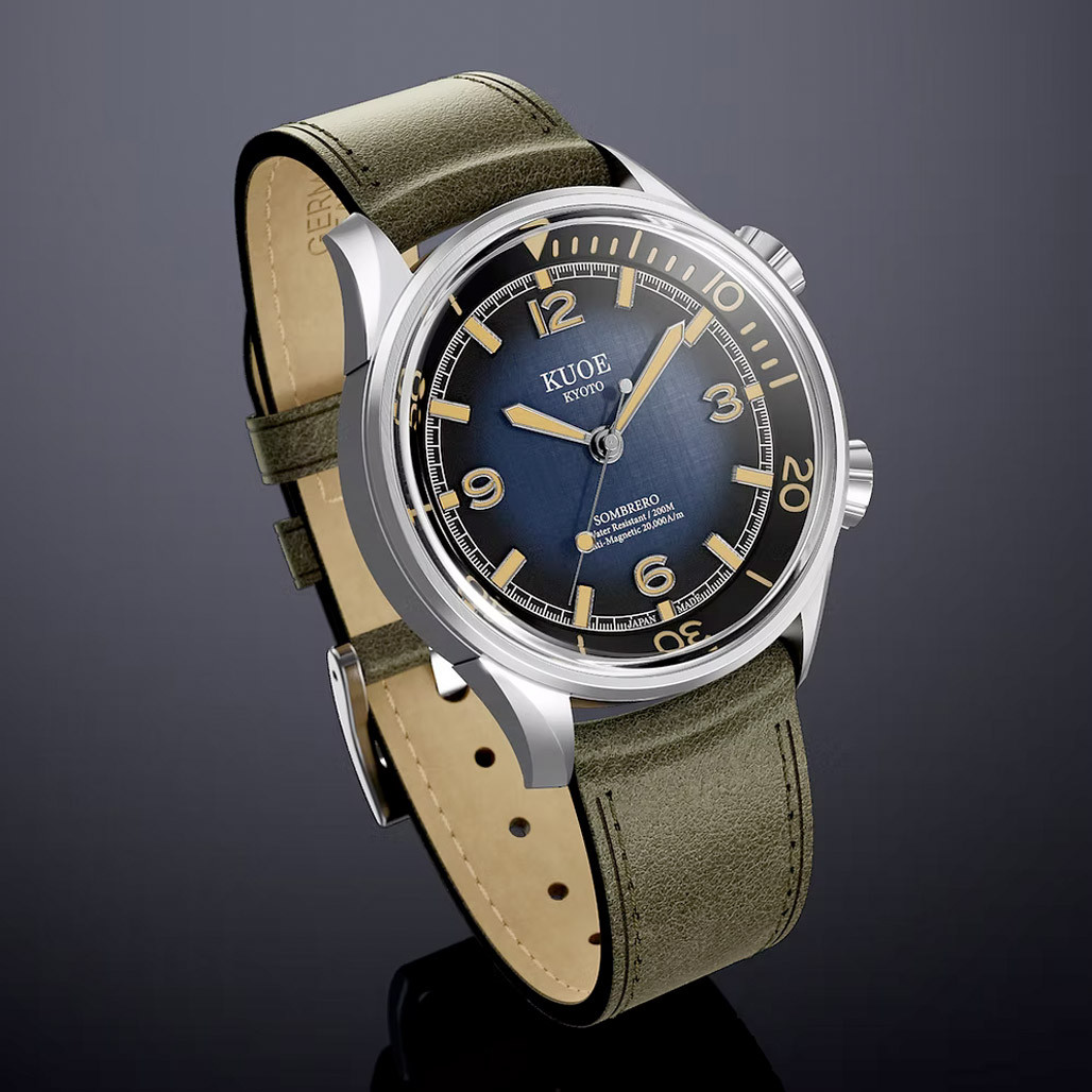 KUOE Sombrero 90-011 Blue Linen Textured Dial Watch #SM90011-GNV-FLAT