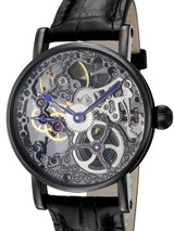 Rougois Hand Wind Decorated Skeleton Movement Watch with Black PVD Case #RS10003