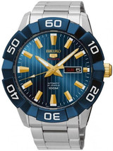 Seiko 45mm Sports 5 Automatic 24-Jewel Watch with Pinstriped Blue Dial #SRPA53K1