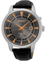 Seiko Kinetic GMT Watch with 43.6mm Stainless Steel Case and a Leather Strap #SUN063