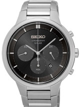 Seiko Black Dial, Solar Chronograph with Stopwatch and 24-Hour Sub-Dial #SSC439