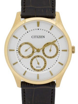 Citizen Thin Goldtone Dress Watch with Three Sub-Dials and a Leather Strap #AG8353-05A