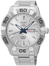 Seiko 45mm Sports 5 Automatic 24-Jewel Watch with Pinstriped Silver Dial #SRPA49K1