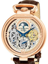 Stuhrling automatic dual time watch with 46mm case, skeleton dial, brown leather strap #889.03