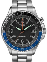 Timex 43mm Allied Three GMT Quartz Watch with Black Dial and INDIGLO Night-Light #TW2R43500VQ