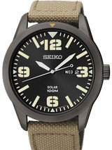 Seiko Aviator Black Dial Solar Watch with 43mm Black Ion Case, Tan Canvas Strap #SNE331