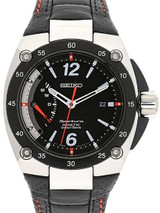 Seiko Sportura Kinetic Watch with a 49mm Stainless Steel Case, Black Dial, and Power Reserve #SRG005P2