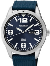 Seiko Aviator Blue Dial Solar Watch with 43mm Case, Blue Canvas Strap #SNE329