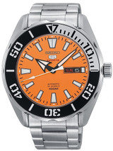 Seiko 5 Sports Automatic 24-Jewel Watch with Orange Dial and SS Bracelet #SRPC55K1