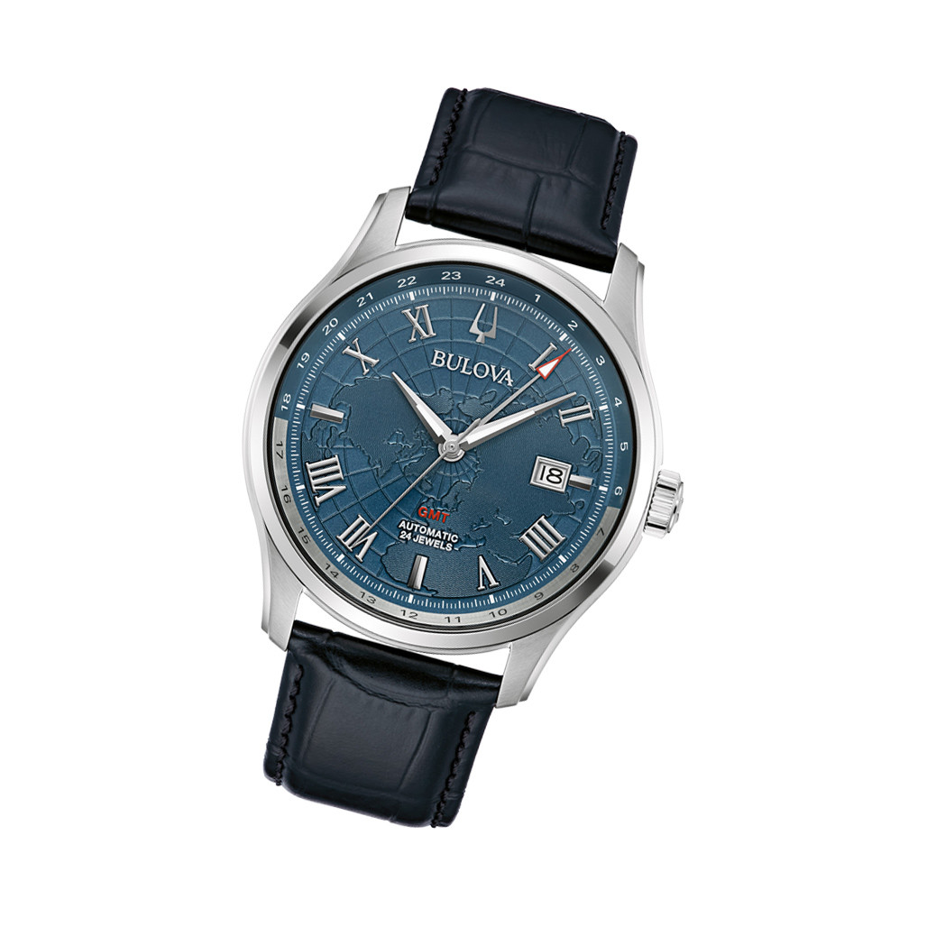 Bulova Wilton GMT Classic 96B385: Orologio Automatico Con Doppio Fuso, Quadrante Blu E Mappa Del Mondo - 4