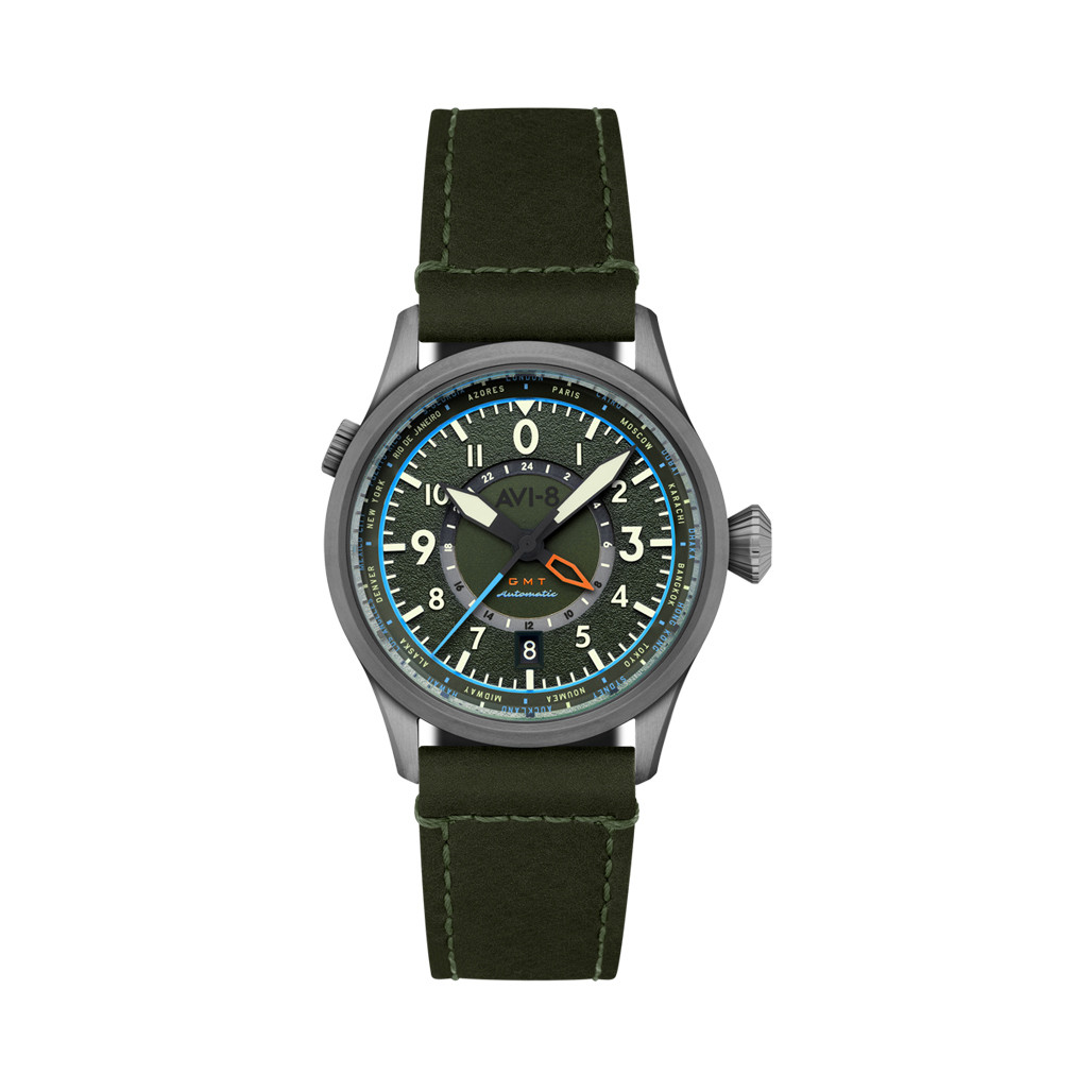 AVI-8 Orologio automatico da uomo Flyboy Wingman Worldtimer GMT 41 mm con cinturino in pelle AV-4120, Verde sabbia, Contemporane