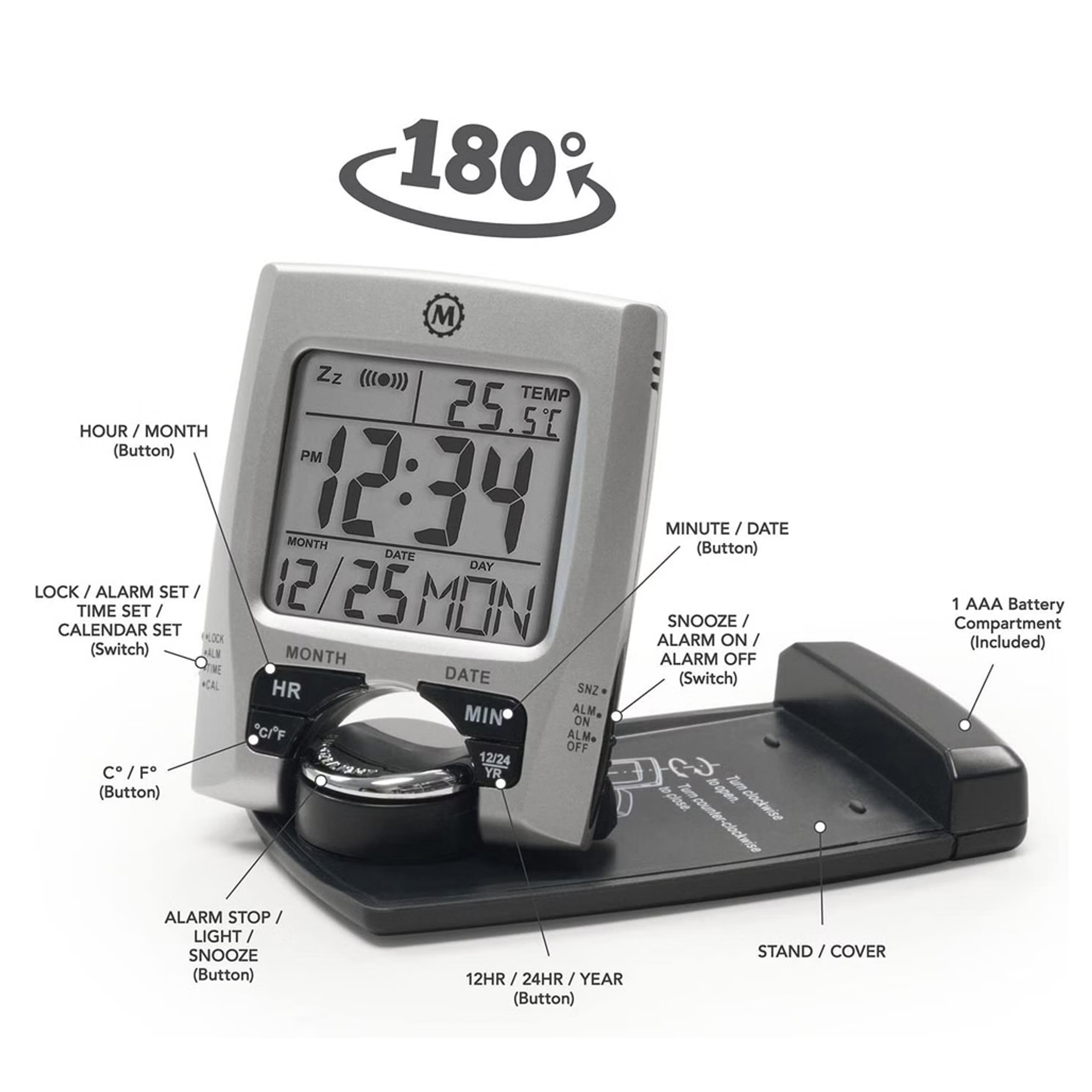 Marathon Alarm Clock with with Calendar, Temperature, 12 or 24 Hour