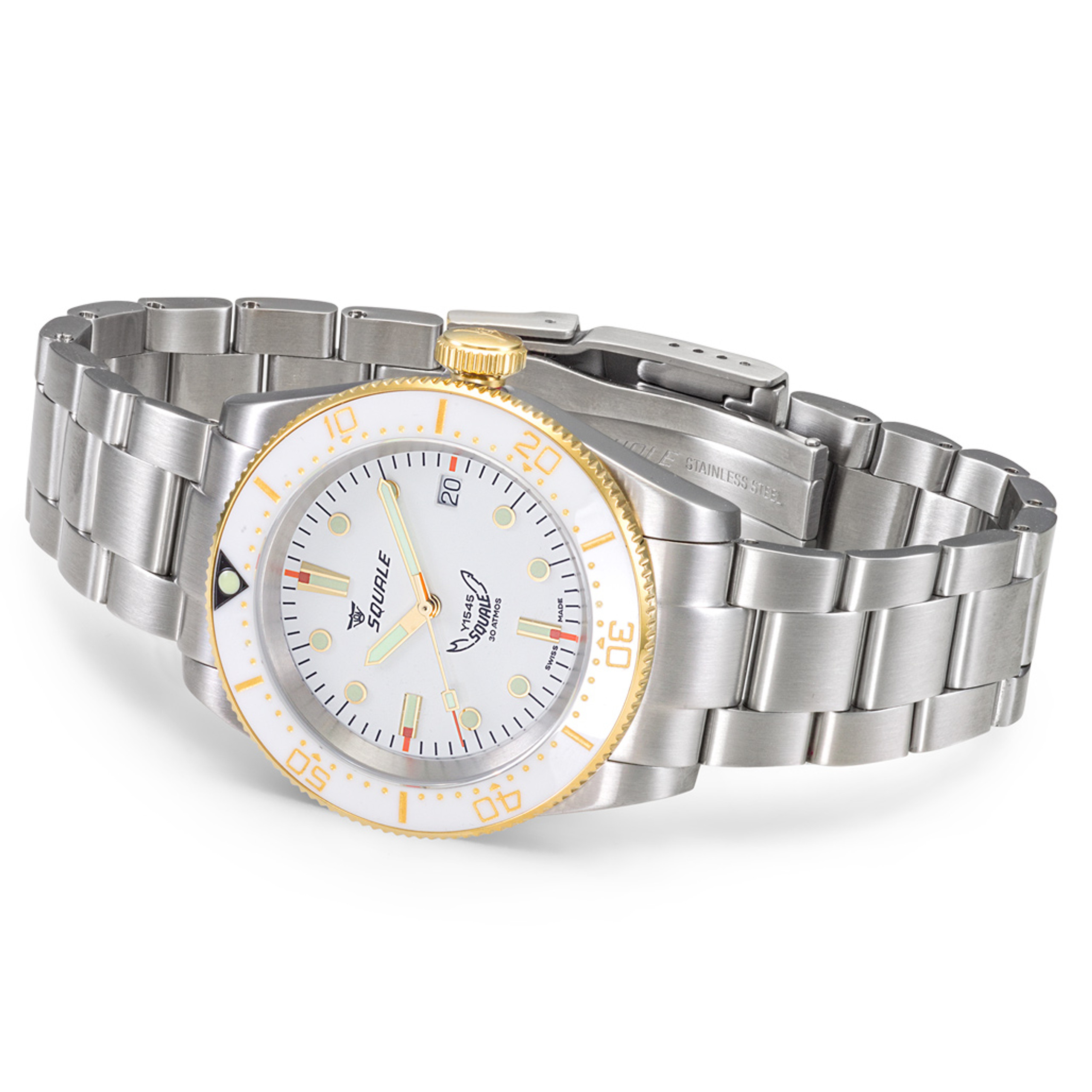 Squale 1545 White Dial Dive Watch with Gold Accents and Stainless Steel Bracelet 1545WTWT.AC