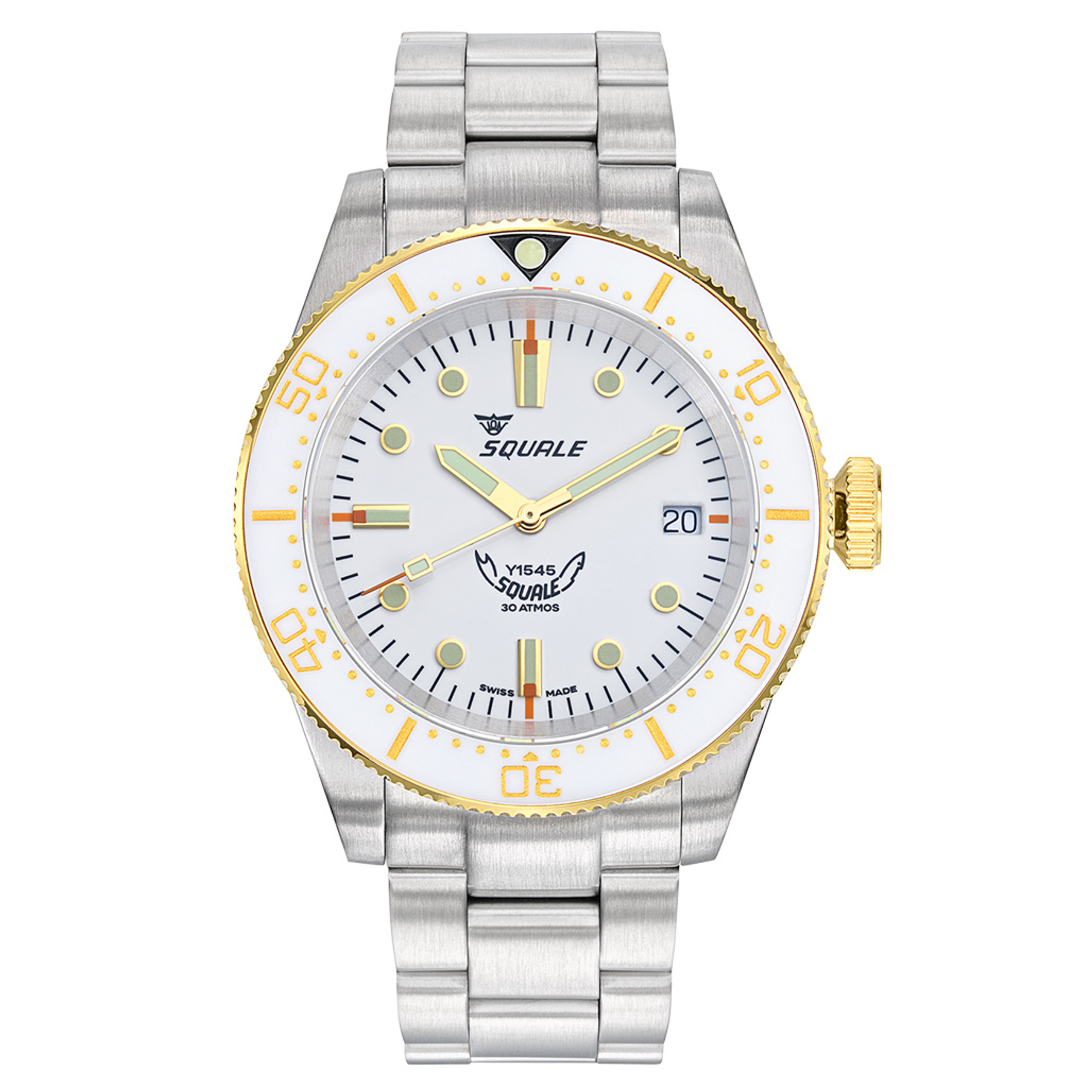 Squale 1545 White Dial Dive Watch with Gold Accents and Stainless Steel Bracelet 1545WTWT.AC