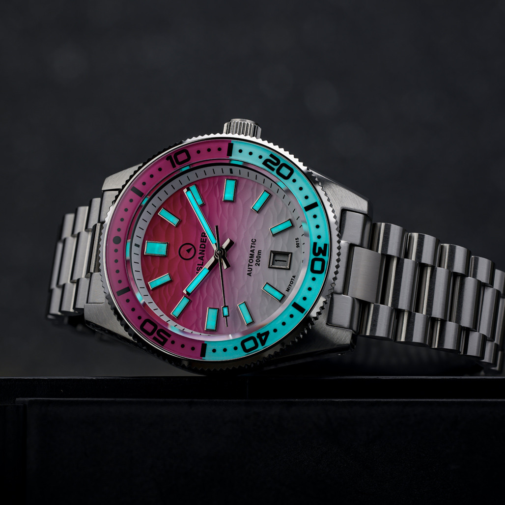 Islander Northport Automatic Dive Watch with Pink and White Ripple Dial ...