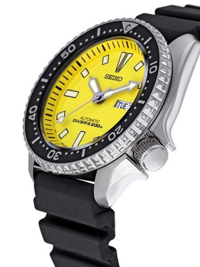 Seiko Yellow Dial Automatic Dive Watch with Offset Crown and Rubber