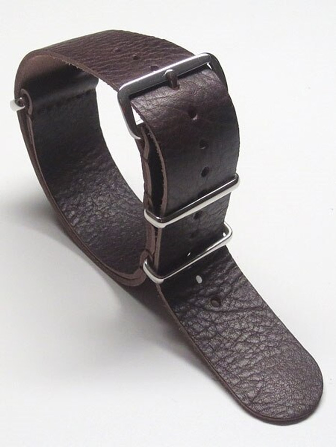 NATO-Style Dark Brown Textured Leather Strap with Stainless Steel Buckles  #NATO-9L-SS
