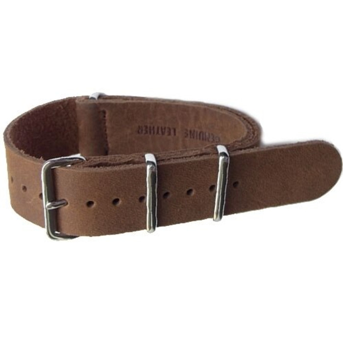NATO-Style Brown Leather Strap with Stainless Steel Buckles  #NATO-3L-SS