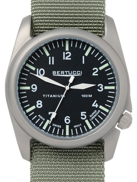 Bertucci A-4T Vintage 44 Titanium Watch with Olive Nylon Strap #13400