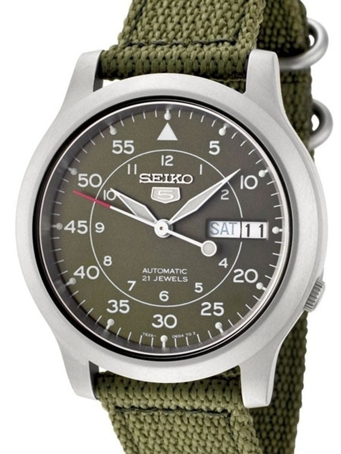 Seiko 5 Military Green Dial Automatic Watch with Green Canvas Strap #SNK805K2