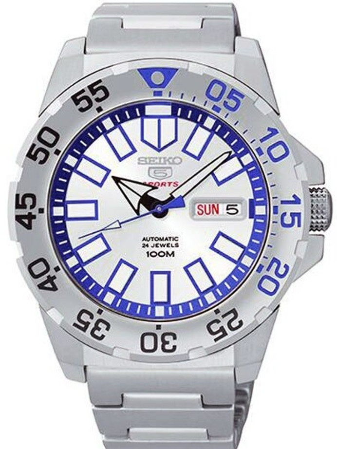 Seiko 43mm Sports 5 Automatic 24 Jewel Watch with Silver Dial and