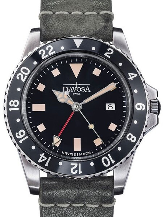 Davosa Vintage-Styled 100-Meter GMT Dual Time Watch with Black Dial #16250055